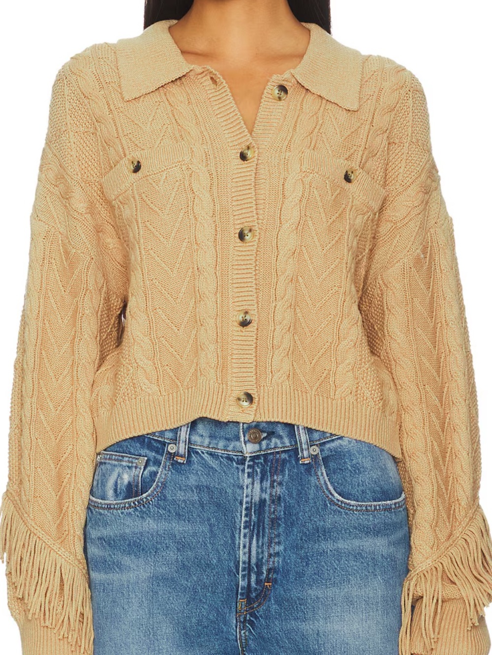 Revolve Women’s central oarkTan Cable Knit Button-Front Sweater with Fringe Cuff
